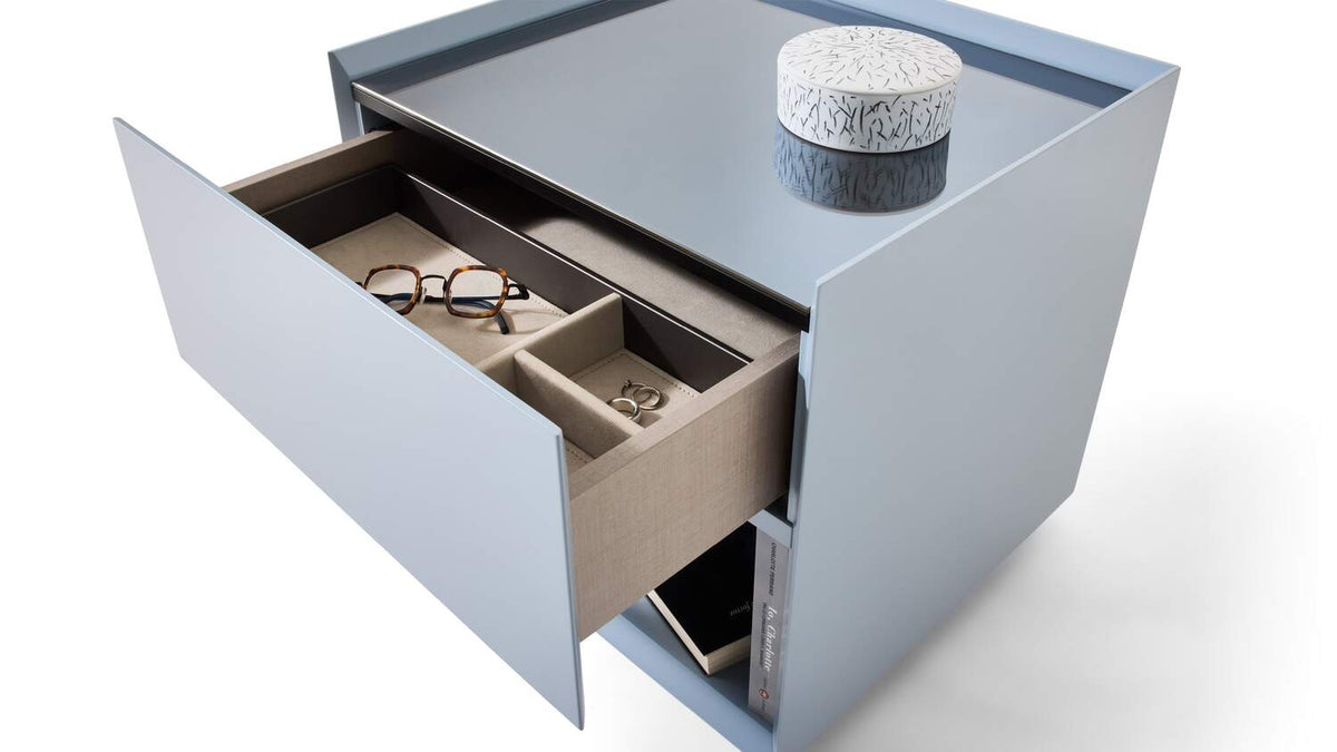 Table de chevet Ghost Box de Mikal Harrsen - Cassina-laquée gris, tiroir et niche ouverte-The Woods Gallery