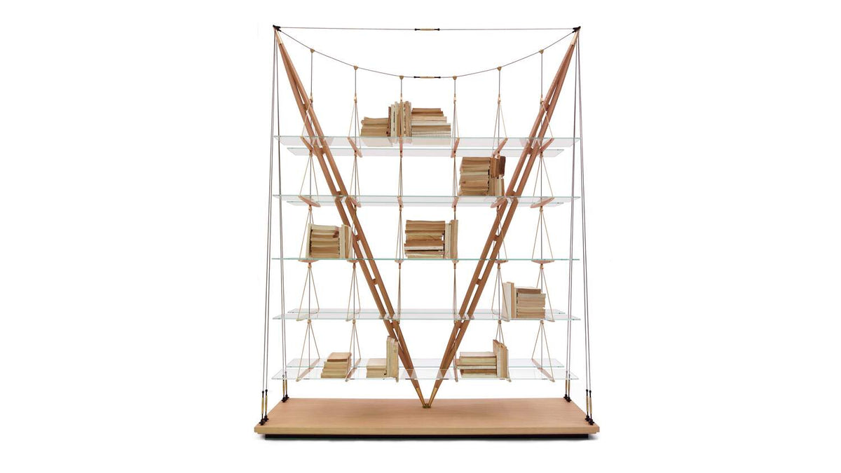 Bibliothèque 838 Veliero de Franco Albini - Cassina-vue de face, étagères en verre suspendues, structure en V-Cassina