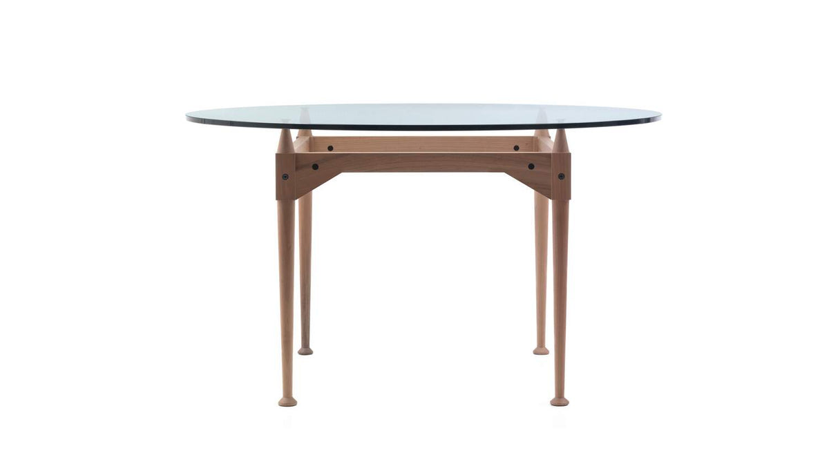 Table 839 TL3 de Franco Albini - Cassina-vue de face, plateau rond en verre, pieds en bois-Cassina