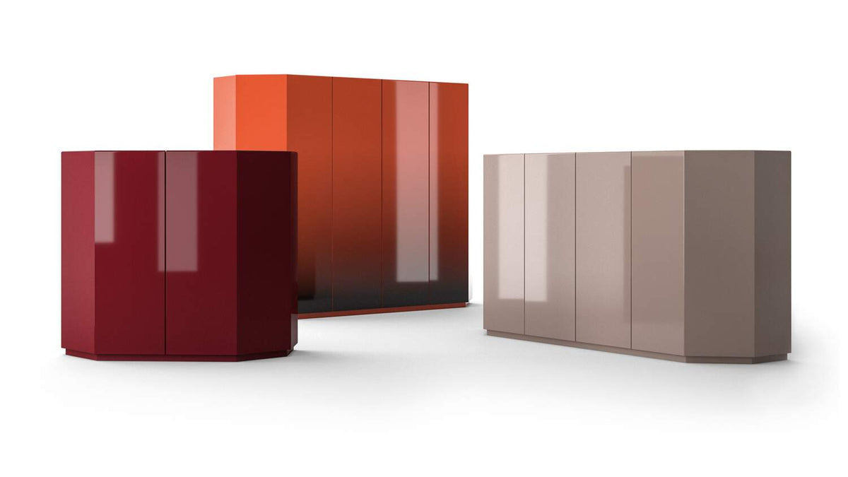 Meuble Bramante de Kazuhide Takahama - Cassina-trois meubles laqués rouge, nuancé et gris-The Woods Gallery