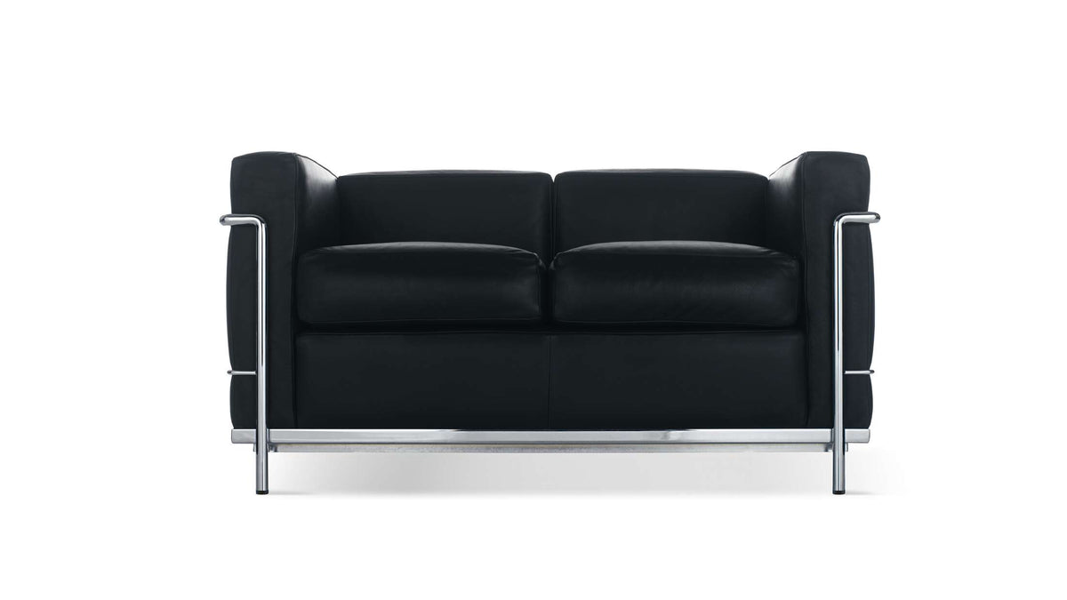 Canapé 2 Grand Confort (LC2) petit modèle, deux places - Cassina-vue de face, cuir noir, structure chromée-Cassina