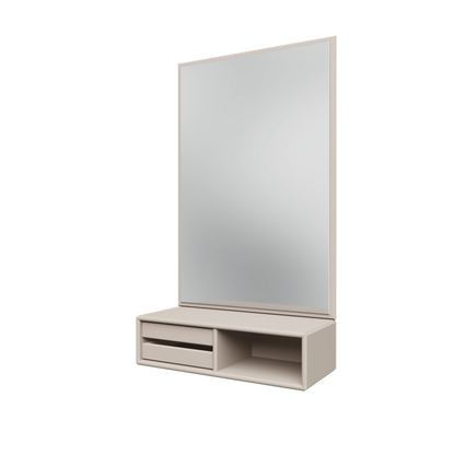Miroir Glance Montana, laque 168 Clay, suspendu au rail mural, vue de trois quarts sur fond blanc