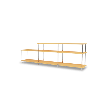 Etagère Free 111220 Montana, tablettes 233 Acacia et structure 44C Chrome, vue de trois quarts sur fond blanc