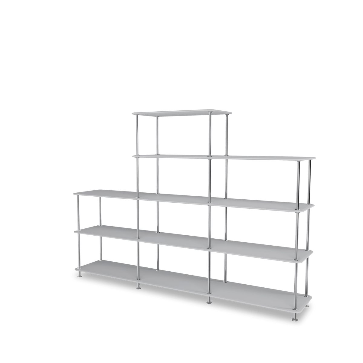 Etagère Free 342000 Montana, tablettes 209 Fjord et structure 44C Chrome, vue de trois quarts sur fond blanc