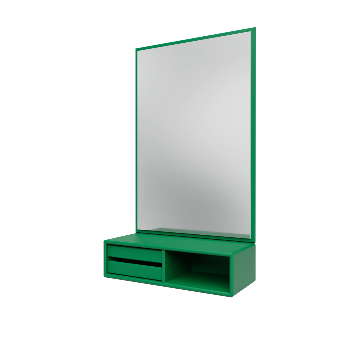 Miroir Glance Montana, laque 152 Parsley, suspendu au rail mural, vue de trois quarts sur fond blanc
