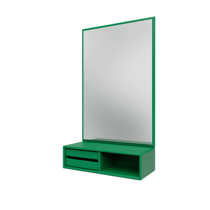 Miroir Glance Montana, laque 152 Parsley, suspendu au rail mural, vue de trois quarts sur fond blanc