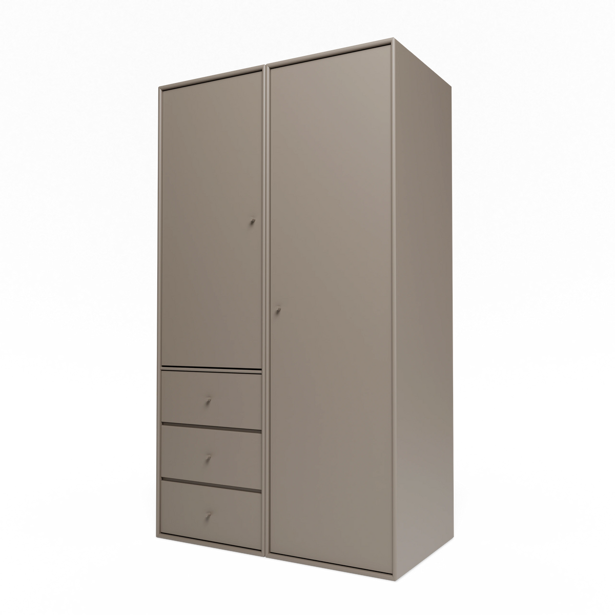 Armoire Attire III Montana, laque 141 Truffle, suspendu au rail mural, vue de trois quarts sur fond blanc