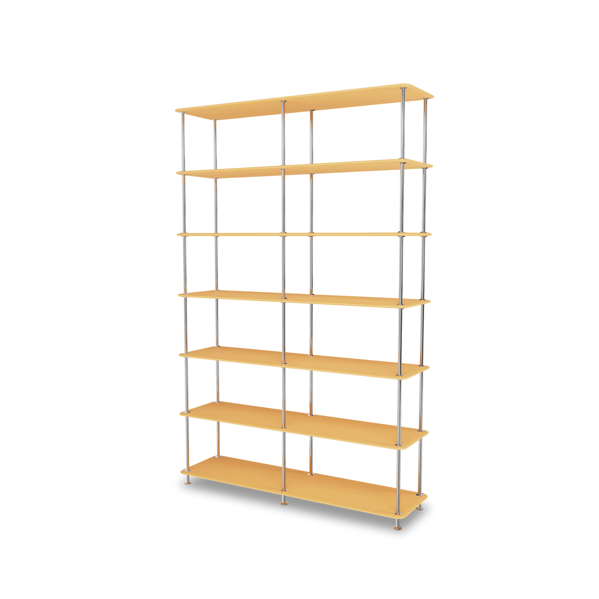 Etagère Free 660000 Montana, tablettes 233 Acacia et structure 44C Chrome, vue de trois quarts sur fond blanc