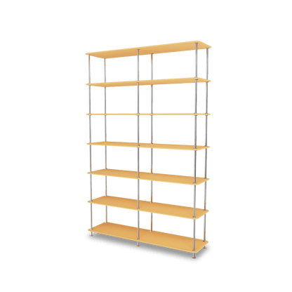Etagère Free 660000 Montana, tablettes 233 Acacia et structure 44C Chrome, vue de trois quarts sur fond blanc