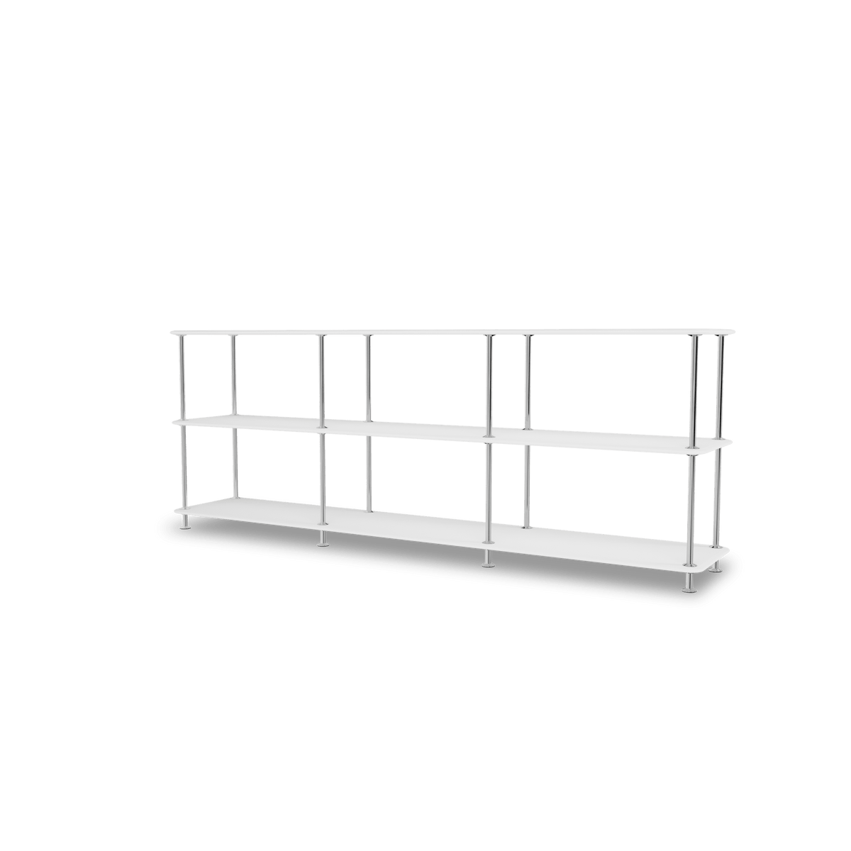 Etagère Free 222000 Montana, tablettes 214 New White et structure 44C Chrome, vue de trois quarts sur fond blanc