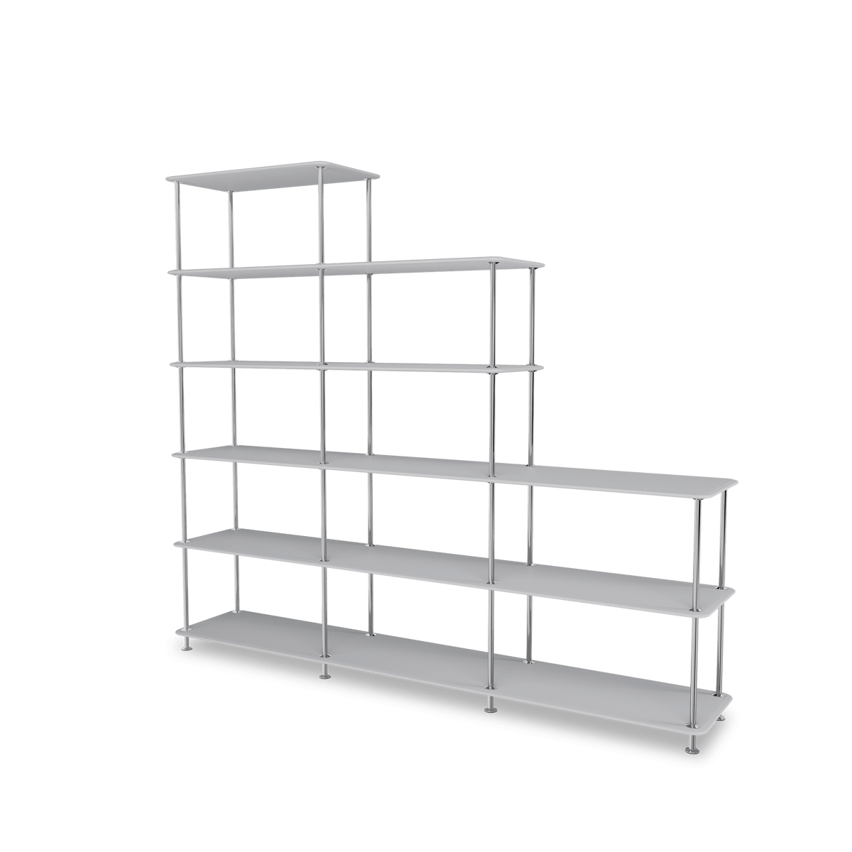 Etagère Free 542000 Montana, tablettes 209 Fjord et structure 44C Chrome, vue de trois quarts sur fond blanc