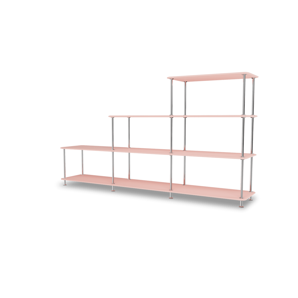 Etagère Free 321000 Montana, tablettes 167 Ruby et structure 44C Chrome, vue de trois quarts sur fond blanc