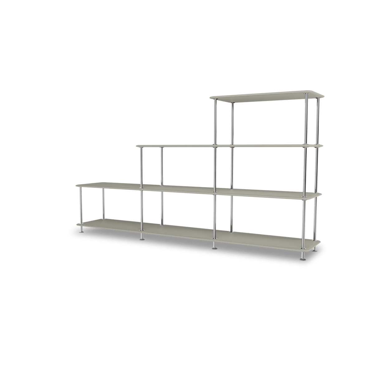 Etagère Free 321000 Montana, tablettes 225 Fennel et structure 44C Chrome, vue de trois quarts sur fond blanc