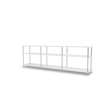 Etagère Free 111222 Montana, tablettes 214 New White et structure 44C Chrome, vue de trois quarts sur fond blanc