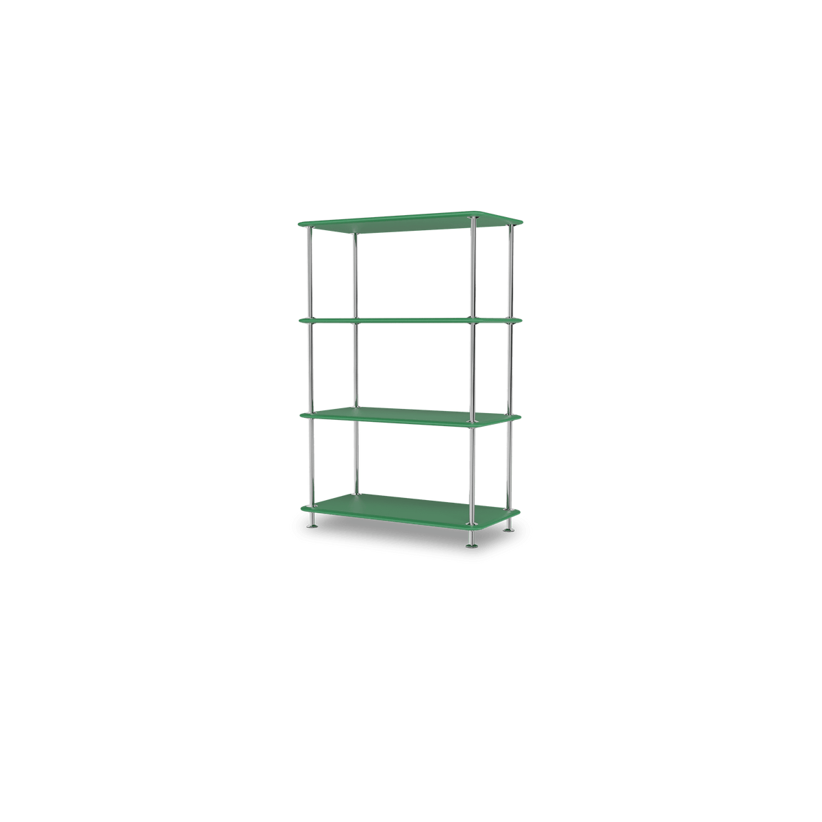Etagère Free 300000 Montana, tablettes 232 Parsley et structure 44C Chrome, vue de trois quarts sur fond blanc