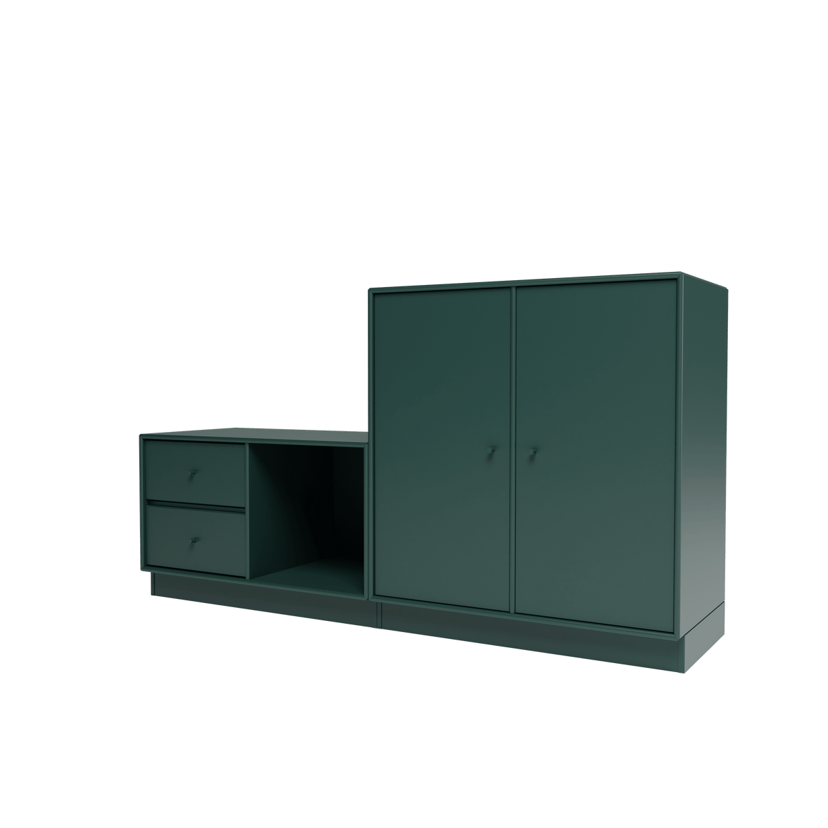 Banc Rest I Montana, laque 163 Black Jade, sur socle de 7 cm, vue de trois quarts sur fond blanc