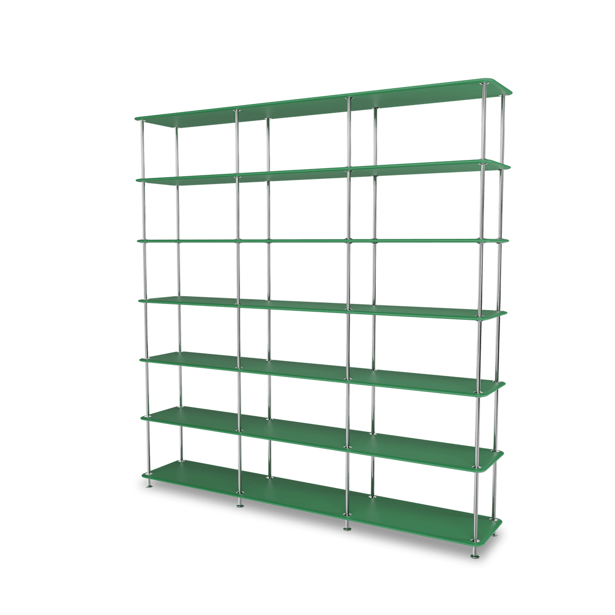 Etagère Free 666000 Montana, tablettes 232 Parsley et structure 44C Chrome, vue de trois quarts sur fond blanc