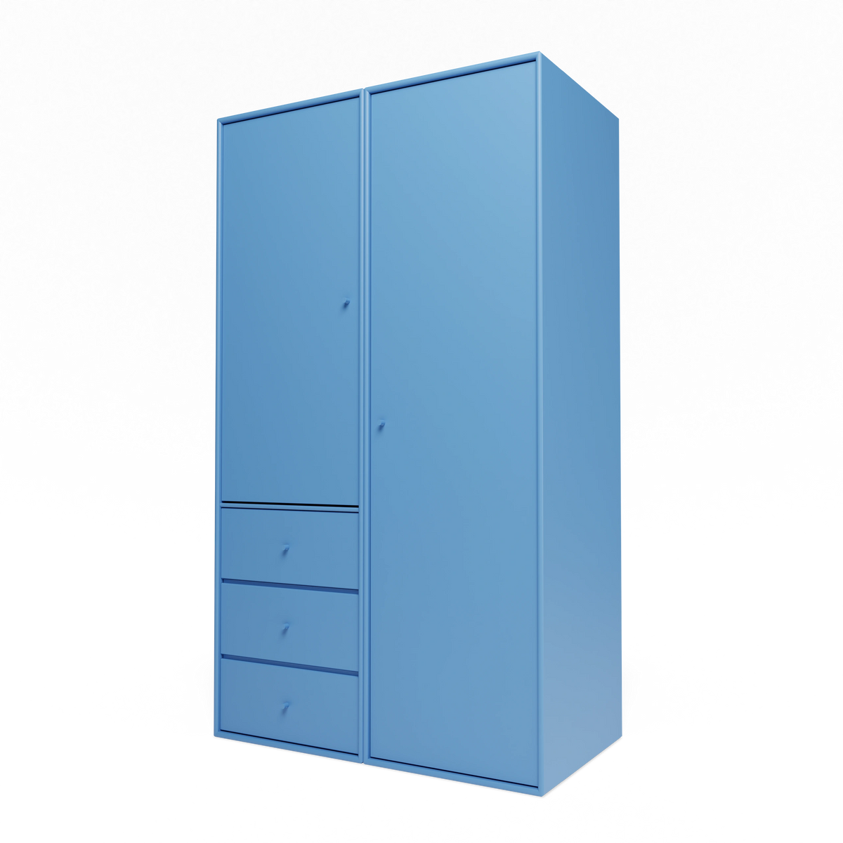 Armoire Attire III Montana, laque 154 Azure, suspendu au rail mural, vue de trois quarts sur fond blanc