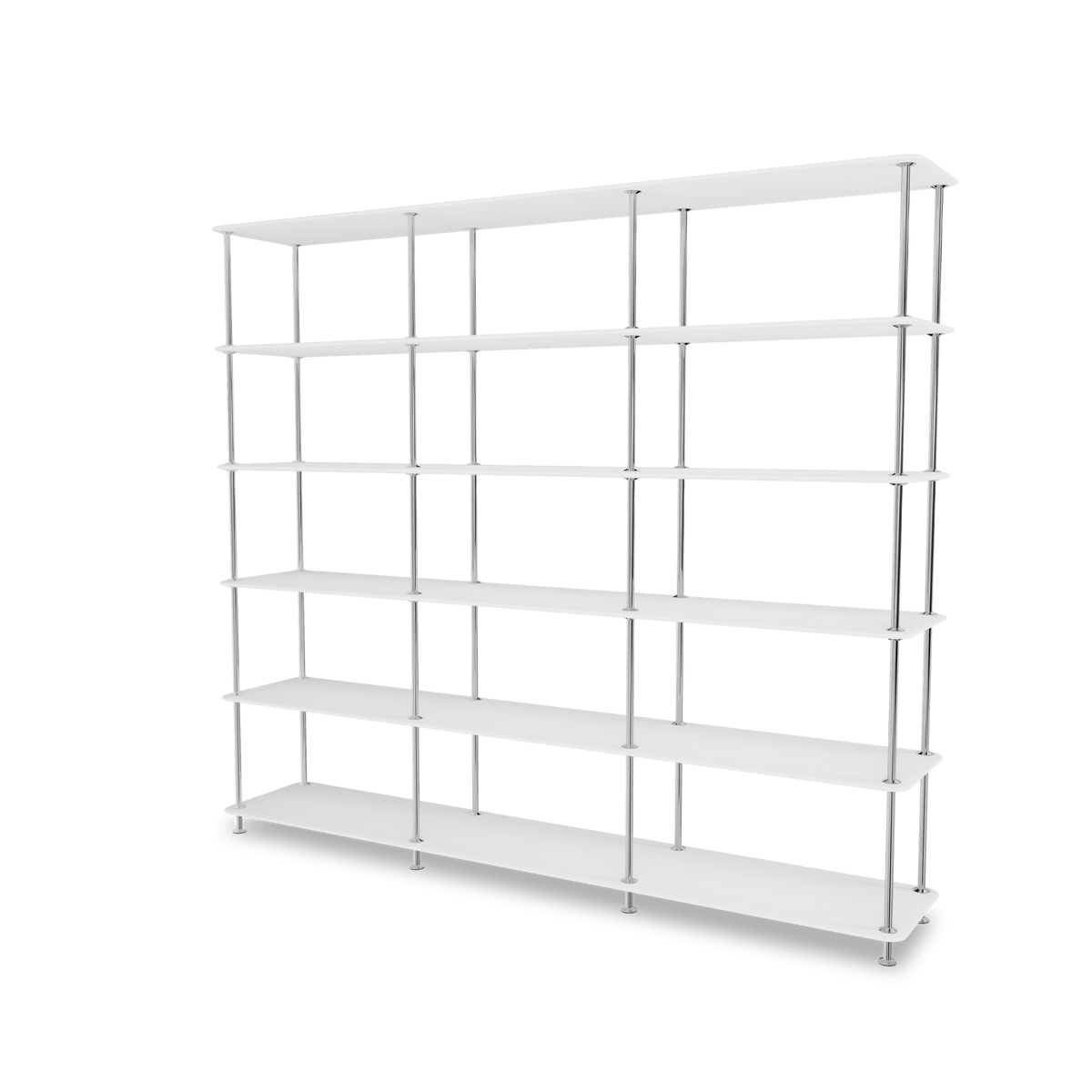 Etagère Free 555000 Montana, tablettes 214 New White et structure 44C Chrome, vue de trois quarts sur fond blanc
