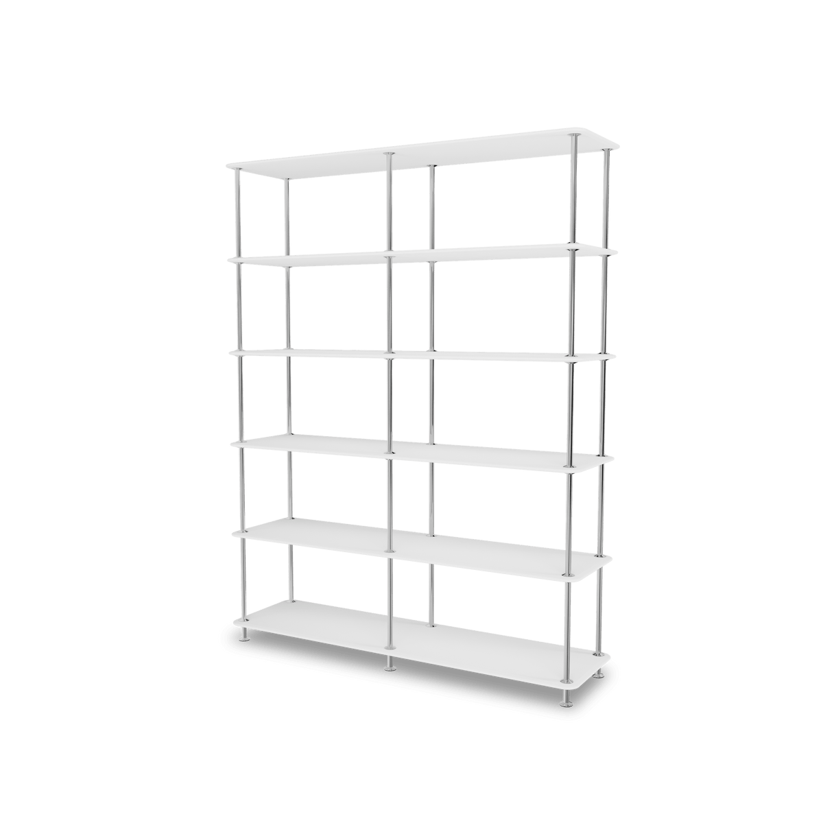 Etagère Free 550000 Montana, tablettes 214 New White et structure 44C Chrome, vue de trois quarts sur fond blanc