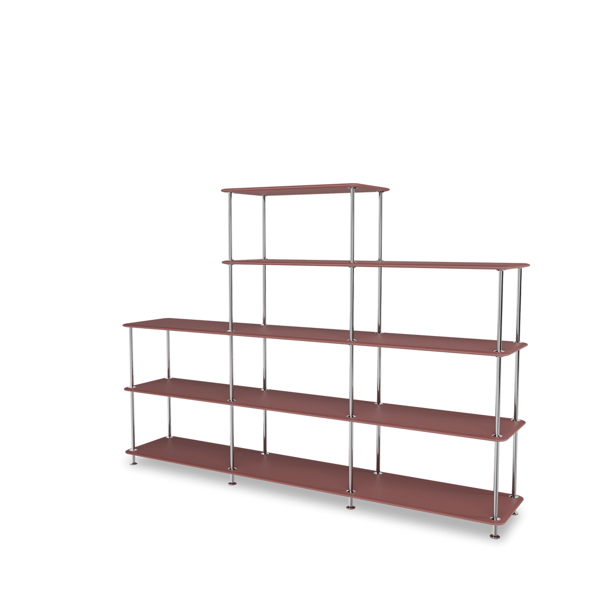 Etagère Free 342000 Montana, tablettes 231 Masala et structure 44C Chrome, vue de trois quarts sur fond blanc