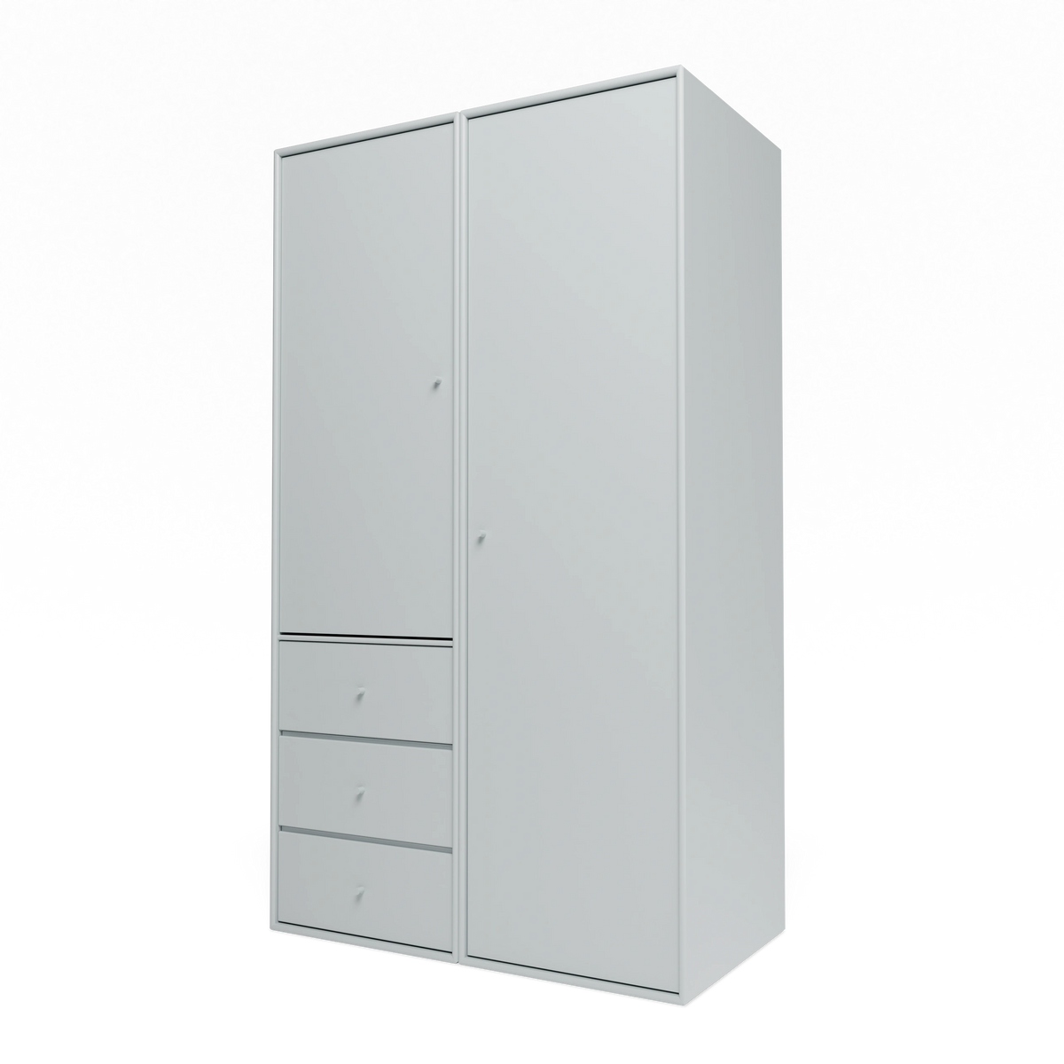 Armoire Attire III Montana, laque 156 Oyster, suspendu au rail mural, vue de trois quarts sur fond blanc