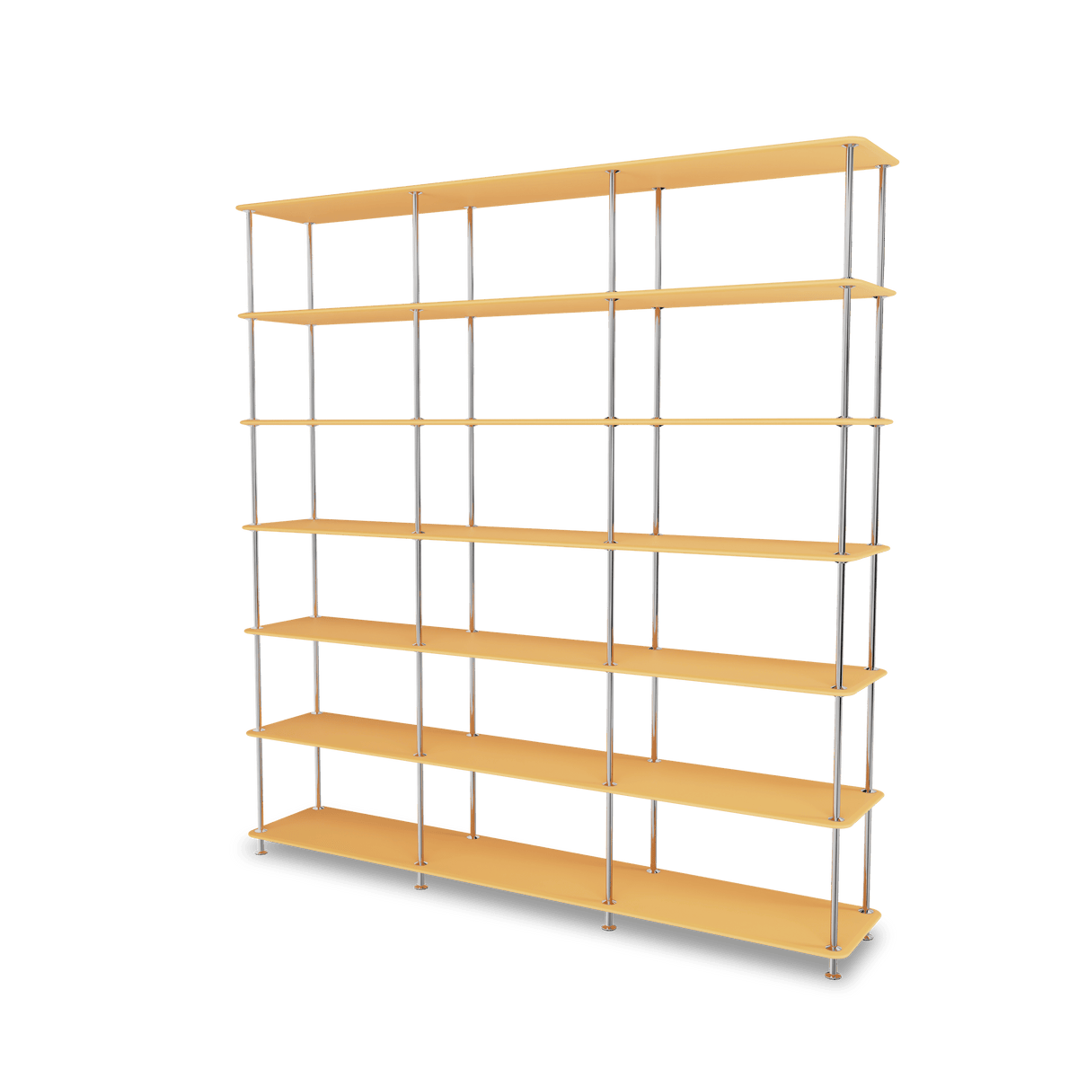 Etagère Free 666000 Montana, tablettes 233 Acacia et structure 44C Chrome, vue de trois quarts sur fond blanc