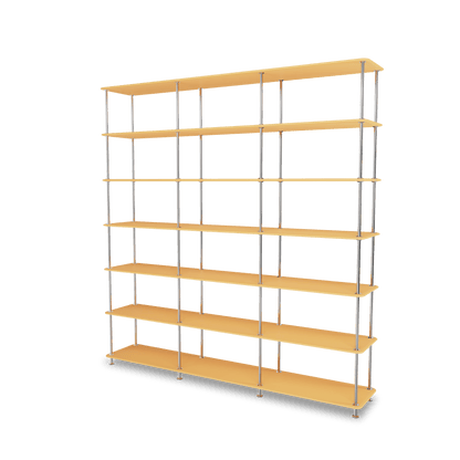 Etagère Free 666000 Montana, tablettes 233 Acacia et structure 44C Chrome, vue de trois quarts sur fond blanc