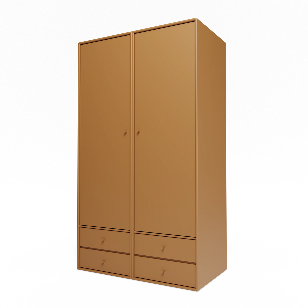 Armoire Attire IV Montana, laque 142 Amber, suspendu au rail mural, vue de trois quarts sur fond blanc