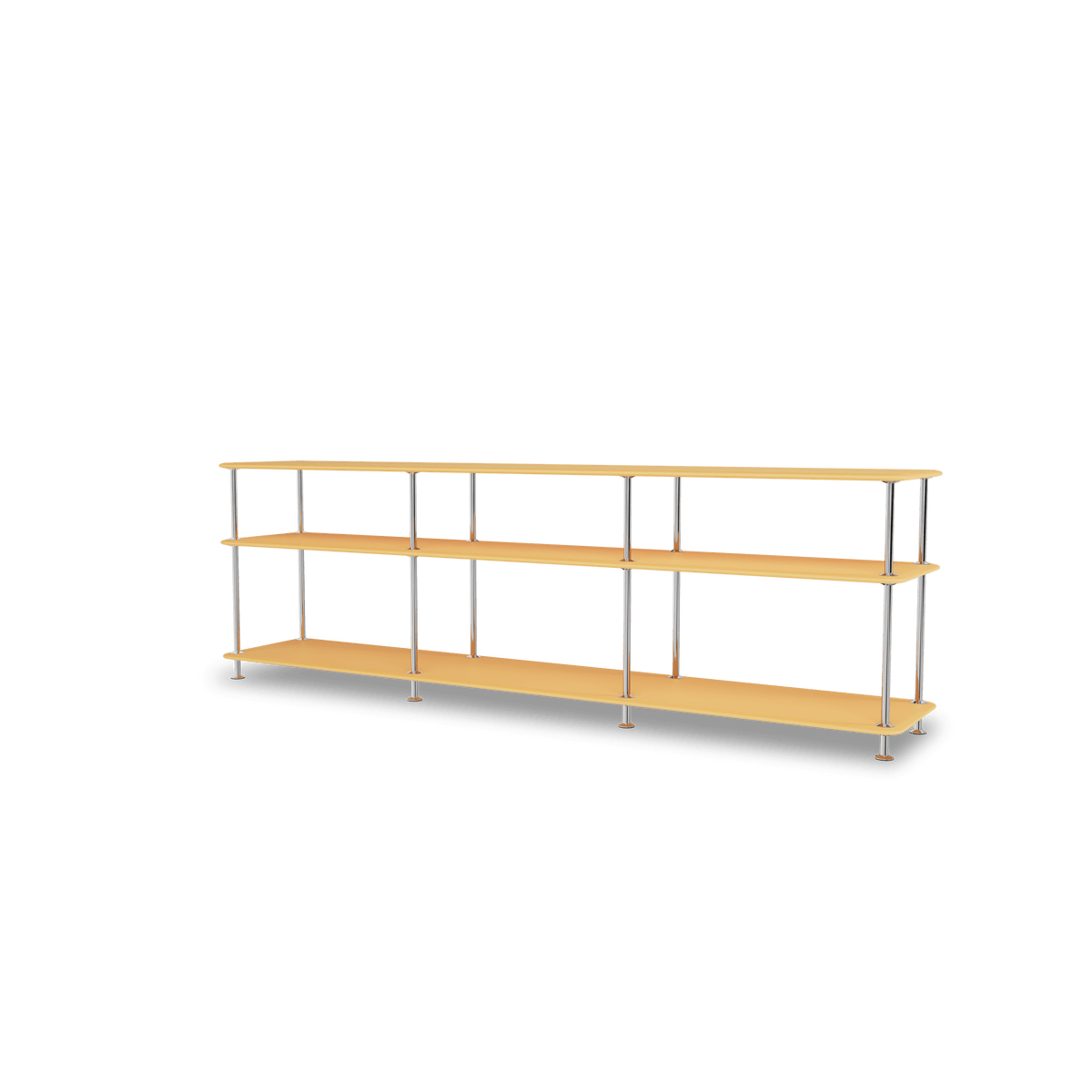 Etagère Free 111222 Montana, tablettes 233 Acacia et structure 44C Chrome, vue de trois quarts sur fond blanc