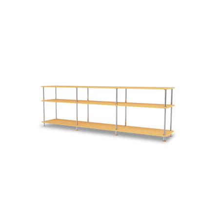 Etagère Free 111222 Montana, tablettes 233 Acacia et structure 44C Chrome, vue de trois quarts sur fond blanc