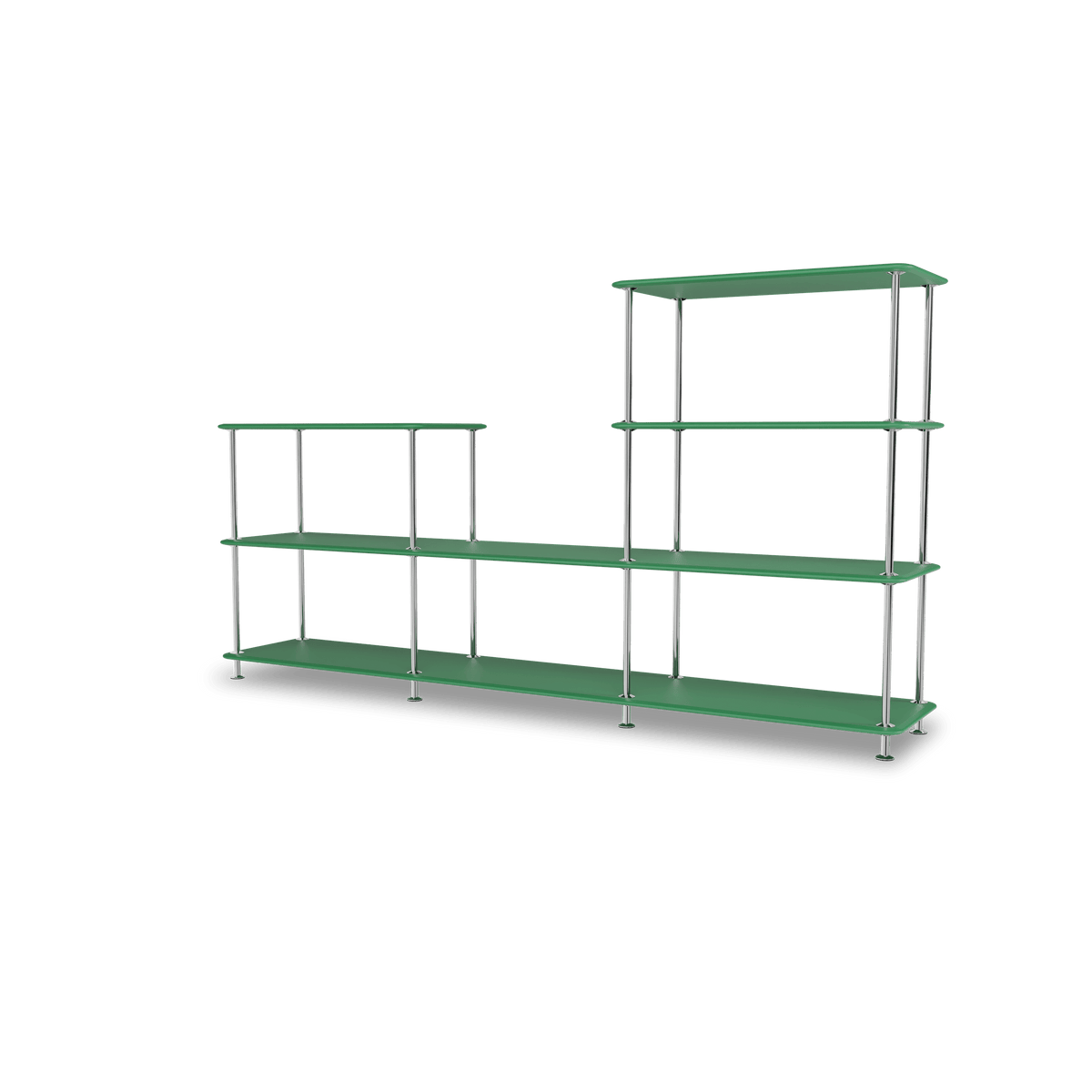 Etagère Free 312000 Montana, tablettes 232 Parsley et structure 44C Chrome, vue de trois quarts sur fond blanc