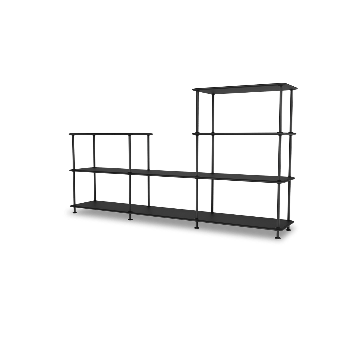 Etagère Free 312000 Montana, tablettes 207 Black et structure 05 Black, vue de trois quarts sur fond blanc