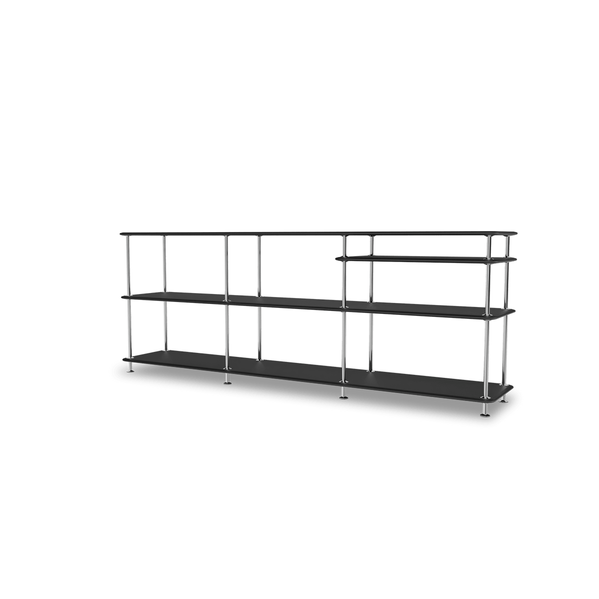 Etagère Free 222100 Montana, tablettes 207 Black et structure 44C Chrome, vue de trois quarts sur fond blanc