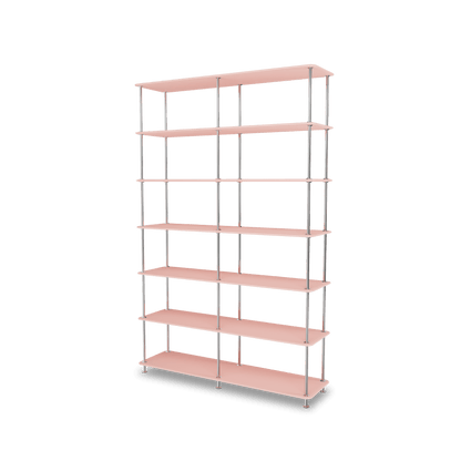 Etagère Free 660000 Montana, tablettes 167 Ruby et structure 44C Chrome, vue de trois quarts sur fond blanc