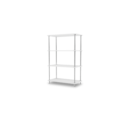 Etagère Free 300000 Montana, tablettes 214 New White et structure 44C Chrome, vue de trois quarts sur fond blanc