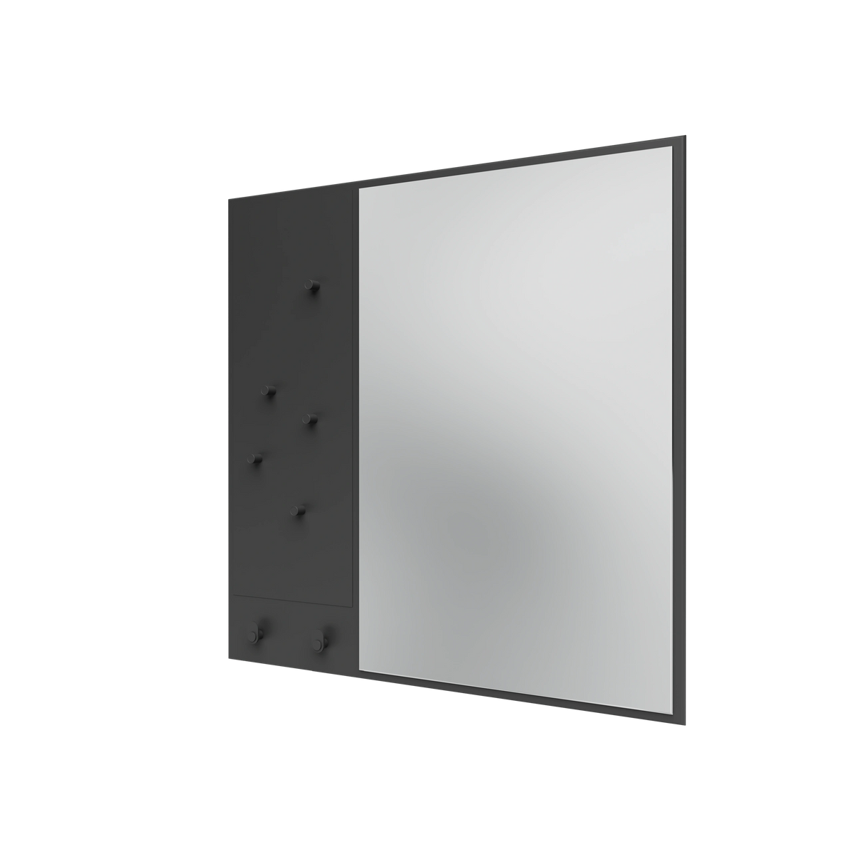 Miroir Memo Montana, laque 04 Anthracite, suspendu au rail mural, vue de trois quarts sur fond blanc