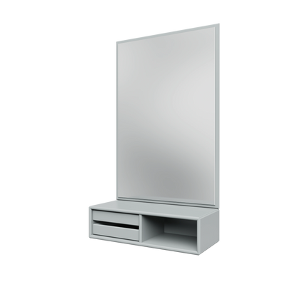 Miroir Glance Montana, laque 156 Oyster, suspendu au rail mural, vue de trois quarts sur fond blanc