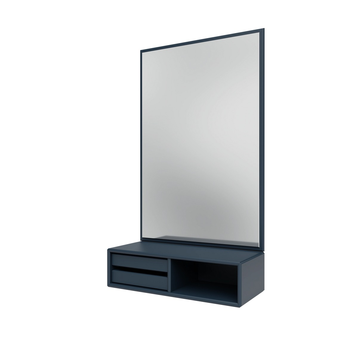 Miroir Glance Montana, laque 138 Juniper, suspendu au rail mural, vue de trois quarts sur fond blanc