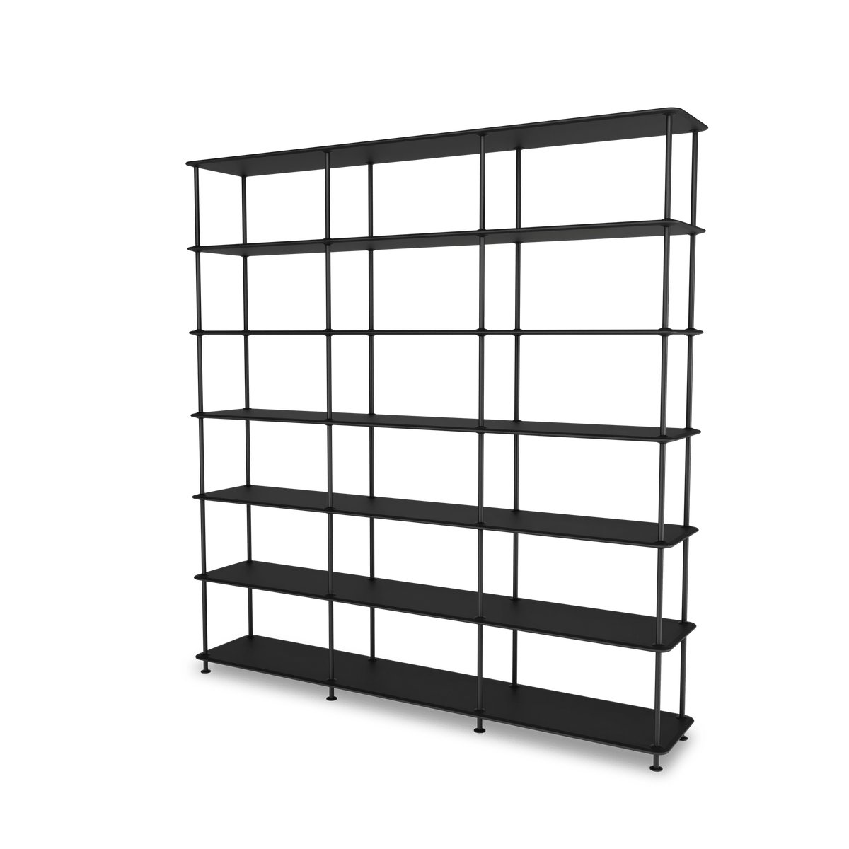 Etagère Free 666000 Montana, tablettes 207 Black et structure 05 Black, vue de trois quarts sur fond blanc