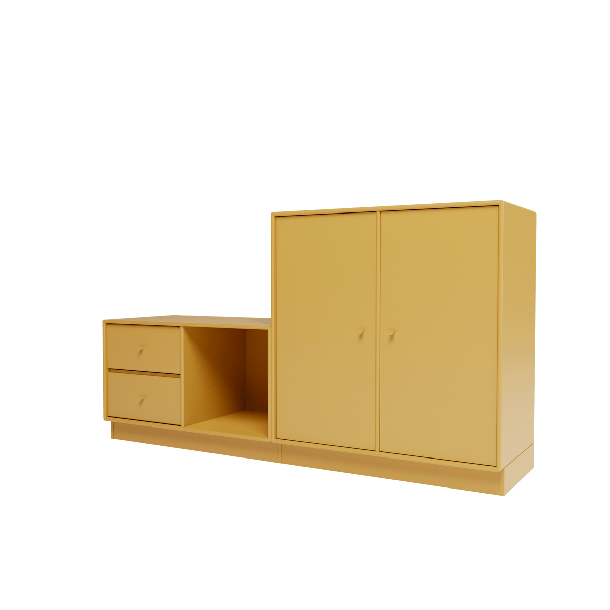 Banc Rest I Montana, laque 157 Cumin, sur socle de 7 cm, vue de trois quarts sur fond blanc