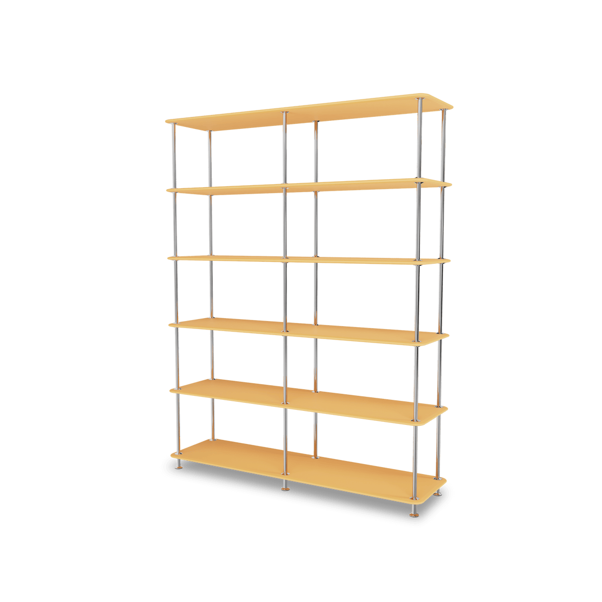 Etagère Free 550000 Montana, tablettes 233 Acacia et structure 44C Chrome, vue de trois quarts sur fond blanc