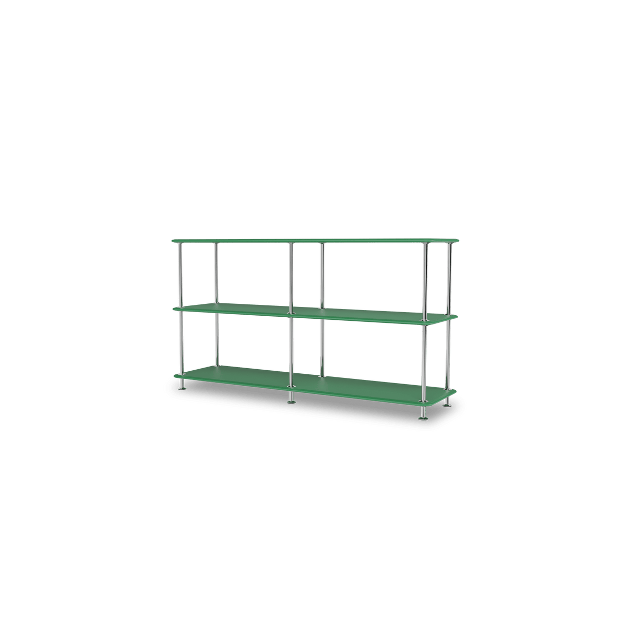 Etagère Free 220000 Montana, tablettes 232 Parsley et structure 44C Chrome, vue de trois quarts sur fond blanc