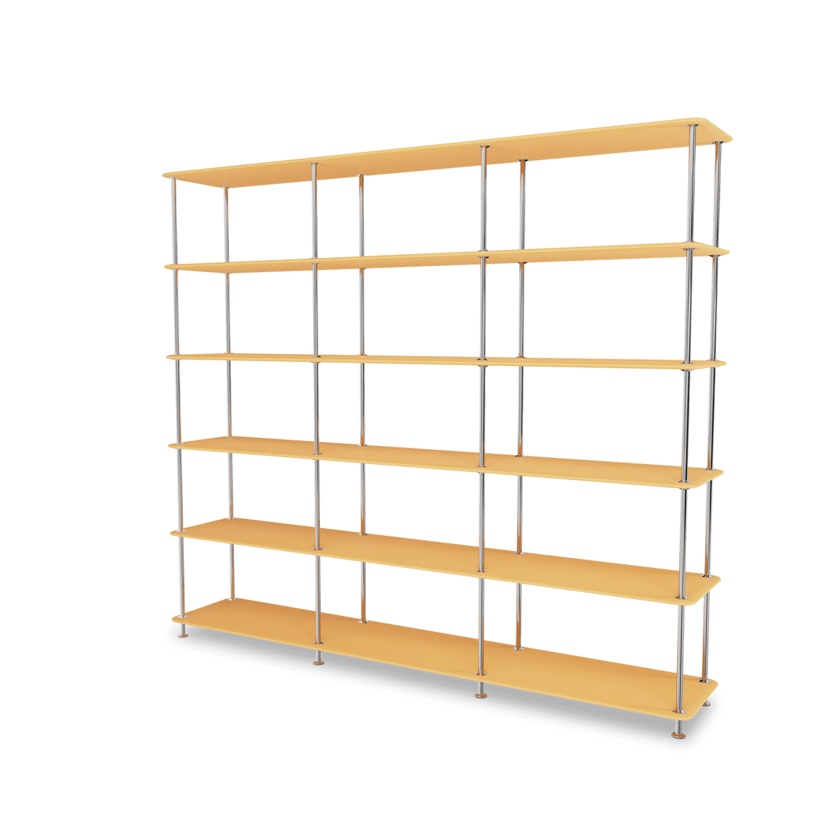 Etagère Free 555000 Montana, tablettes 233 Acacia et structure 44C Chrome, vue de trois quarts sur fond blanc
