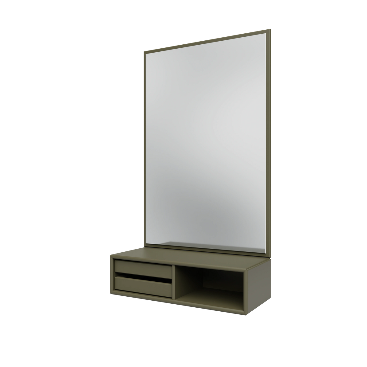 Miroir Glance Montana, laque 139 Oregano, suspendu au rail mural, vue de trois quarts sur fond blanc