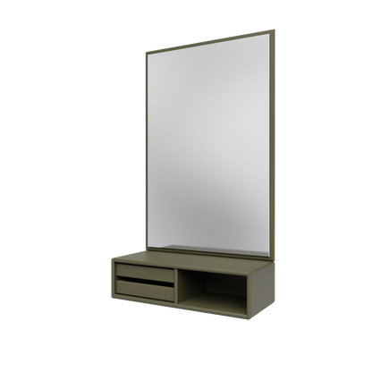 Miroir Glance Montana, laque 139 Oregano, suspendu au rail mural, vue de trois quarts sur fond blanc
