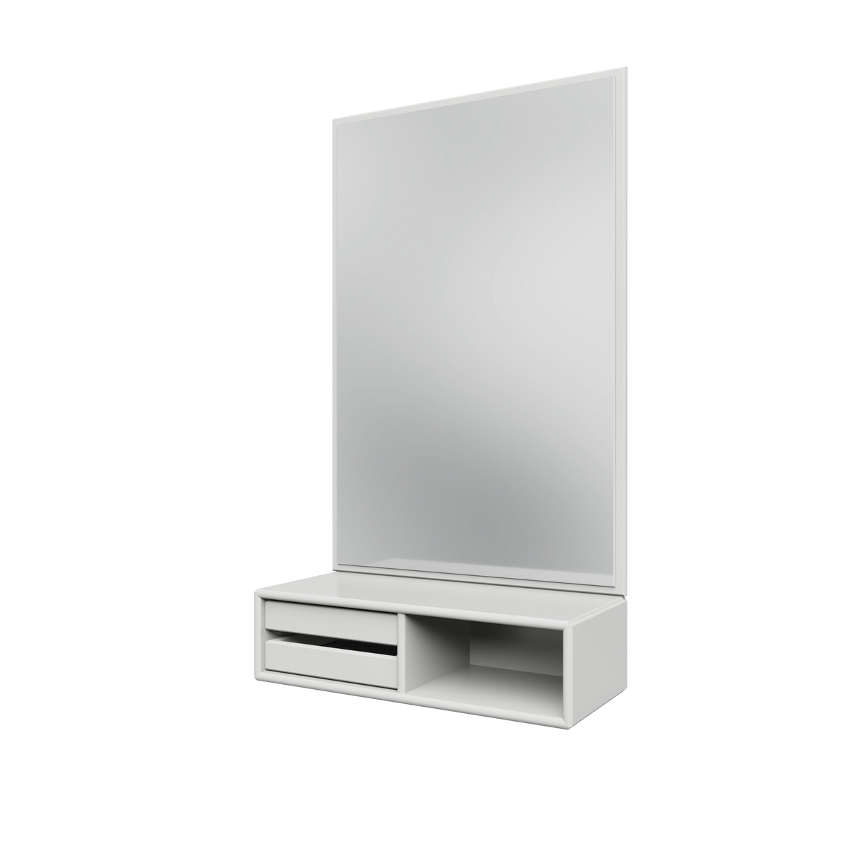 Miroir Glance Montana, laque 01 White, suspendu au rail mural, vue de trois quarts sur fond blanc