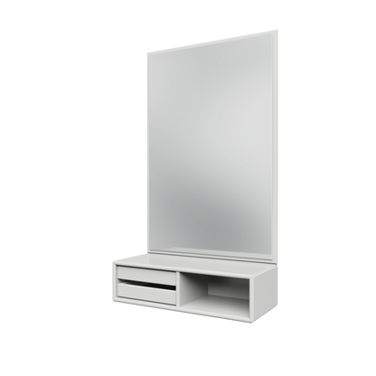 Miroir Glance Montana, laque 01 White, suspendu au rail mural, vue de trois quarts sur fond blanc