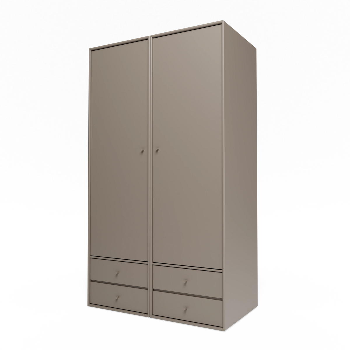 Armoire Attire IV Montana, laque 141 Truffle, suspendu au rail mural, vue de trois quarts sur fond blanc