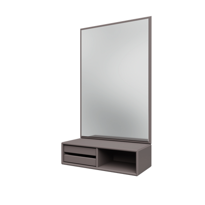 Miroir Glance Montana, laque 35 Coffee, suspendu au rail mural, vue de trois quarts sur fond blanc
